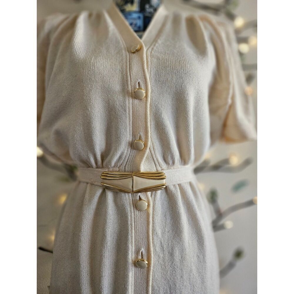 80s St. John Cream Sweater Knit Dress W Belt 6 - Picture 4 of 14